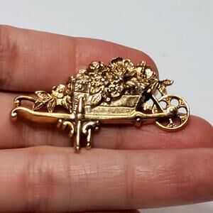 1928 Jewelry Gold Tone Wheelbarrow with Flowers Pin Brooch 2" Vtg Detailed